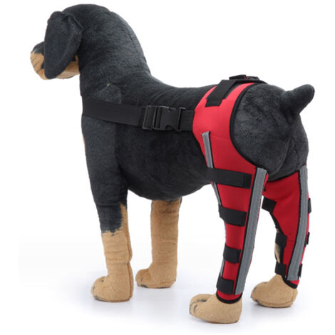 Genouillère Pour Chien - Orthèse Réglable Double Pattes Arrière Avec Articulation Métallique Flexible Et Sangles Réfléchissantes - Rouge