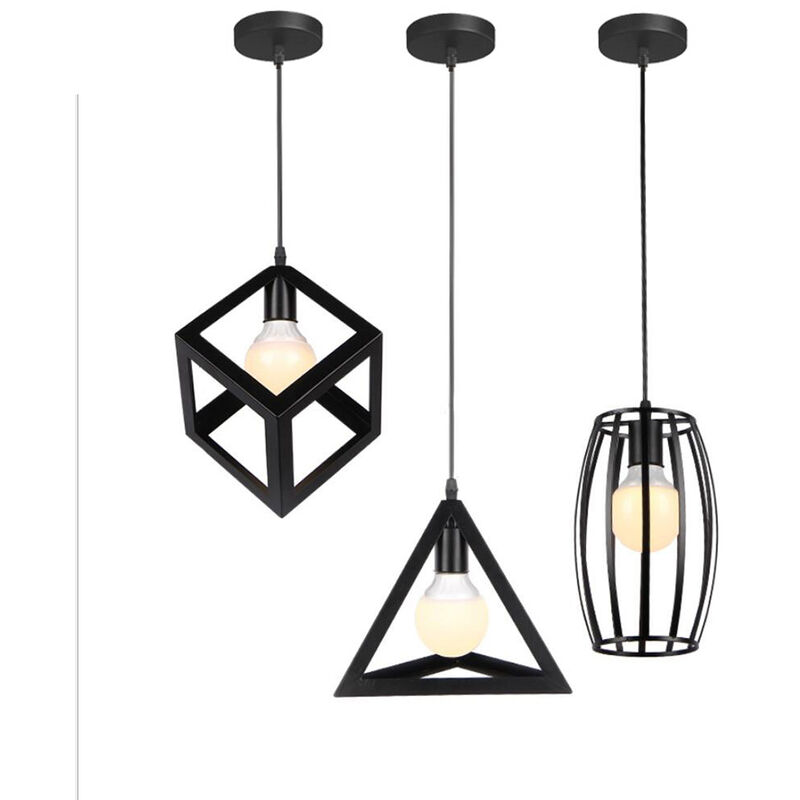 Geometric Pendant Lamp Retro Creative Pendant Light Metal Cage Ceiling Lamp for Bedroom Club Bar Black (3PCS)