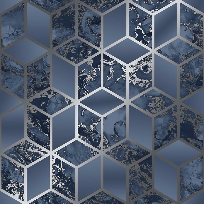 Elixir Cube Blue & Silver Geometric Marble Bedroom Wallpaper Living Room Wallpaper Rolls - Blue & Silver