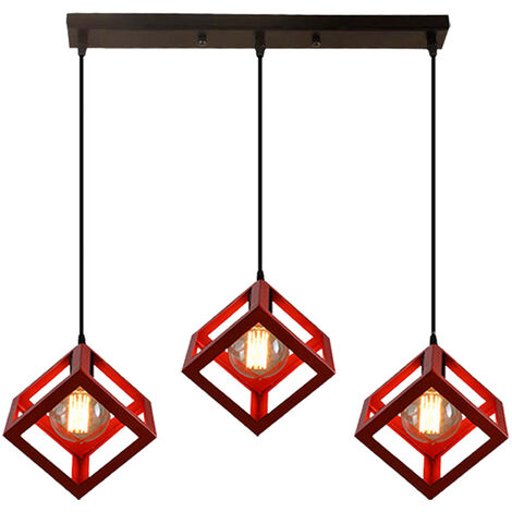 Geometric Cube Pendant Light Red Square Metal Ceiling Lamp E27 Modern 3 Lights Pendant Lamp Modern Hanging Light for Loft Cafe Bar Restaurant