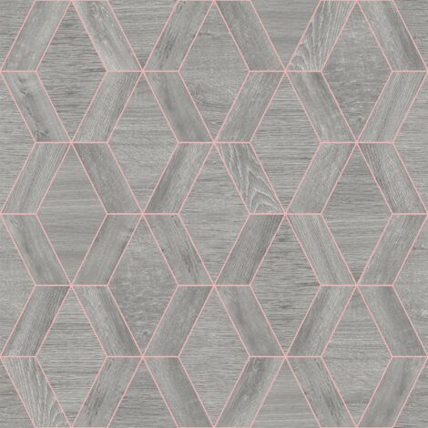 Geometric Diamond Grey Wood Effect Metallic Copper Feature Wallpaper Paste Wall