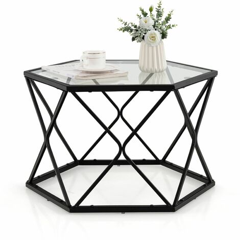 Geometric Glass Coffee Table Hexagonal End Table Sofa Beside Table Metal Legs