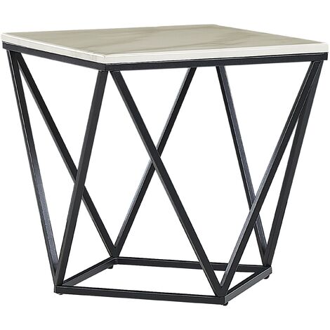 Geometric Side Table Black Metal Cage Frame White Marble Finish Top Malibu - White
