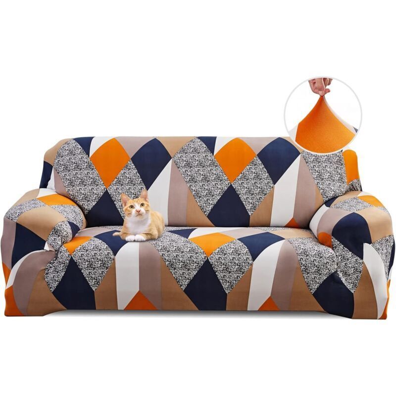Géométrie Orange Housse de Canapé Extensible 3 Place Couverture Canapé avec Accoudoirs Moderne Couvre Canapé Elastique Universelle Revêtement de