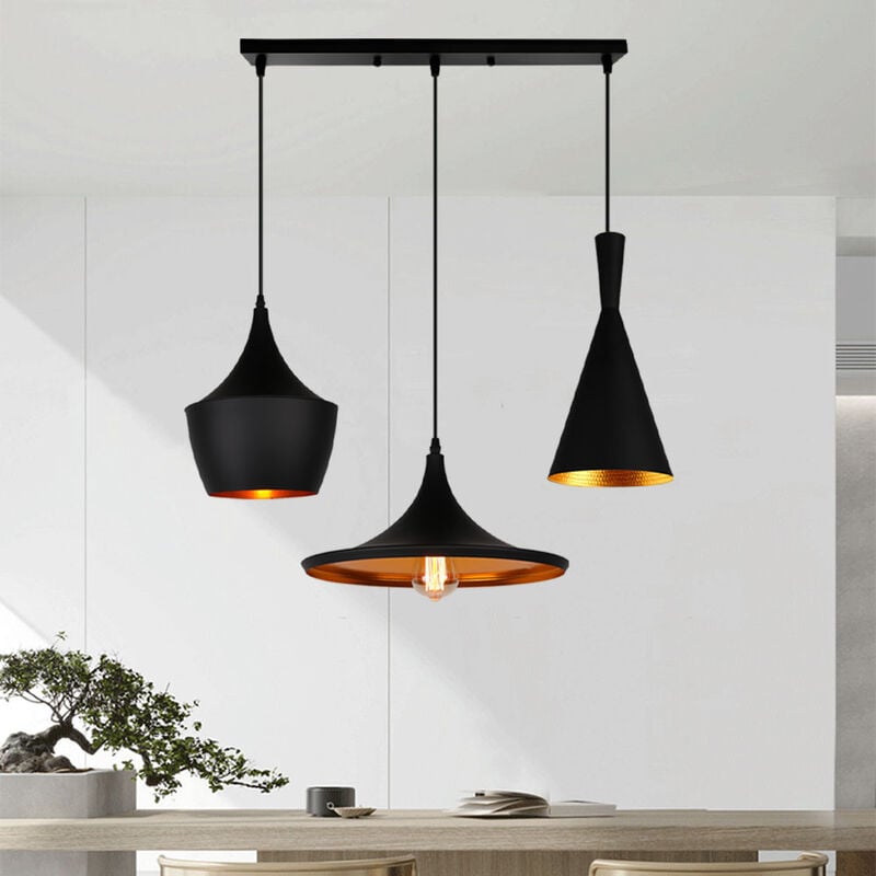 Géométrique Artistique Lustre Suspension 3 Lumières E27 Lampe Industriel Avec Base Longue Plafonnier pour Cuisine Salon Chambre Noir et Doré