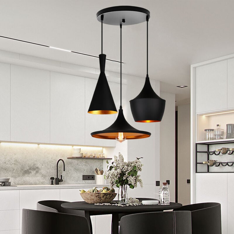 Géométrique Artistique Lustre Suspension 3 Lumières E27 Lampe Industriel avec Base Ronde Plafonnier pour Cuisine Salon Chambre Noir et Doré