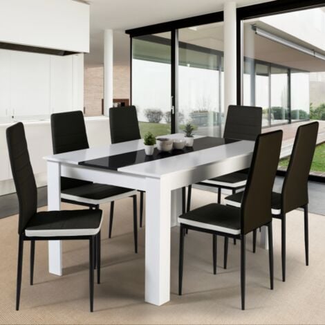 IDMARKET GEORGIA Mesa de comedor blanca y negra de 140 cm y 6 sillas ROMANE negras con ribete blanco