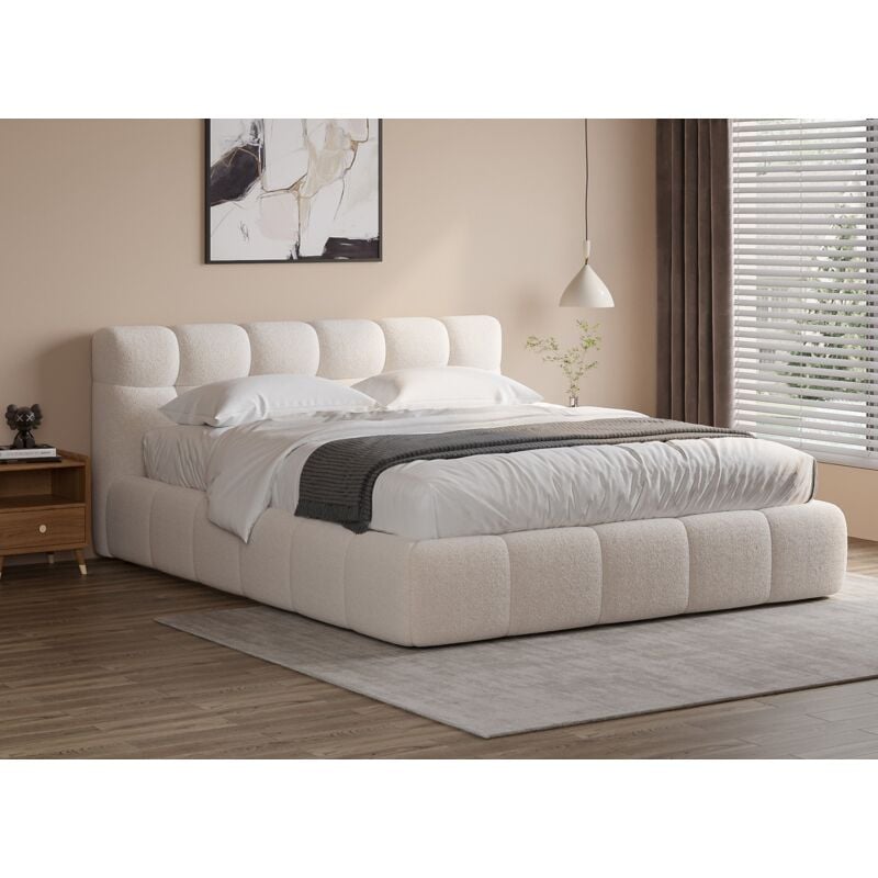 Georgina - Lit double en tissu bouclette écru 180x200 cm georgina