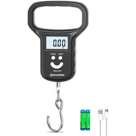 Gepäckwaage – Duale Stromversorgung (Batterie/Akku), Reisekofferwaage mit extra großem Griff, hintergrundbeleuchtetem LCD-Bildschirm, inklusive 2 AAA-Batterien und USB-C-Ladekabel (Schwarz)