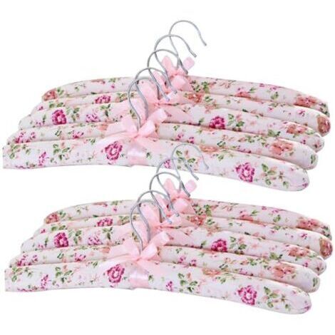 Gepolsterte Kleiderbügel, 10 Stück 15 Zoll lange, florale Satin-Nachttischkleiderbügel, rutschfeste, gepolsterte Kleiderbügel, ohne Hemdenblock zum Aufhängen von Kleidung (Rot, Rosa, zufälliges Muster