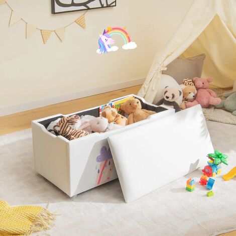 Gepolsterte Spielzeugkiste aus Holz, 75x36x38cm, Sitzbank für Kinder, Spielzeugtruhe mit abnehmbarem Deckel, Kindertruhe, Aufbewahrungsbox für Kinderzimmer (Weiss - Regenbogen)