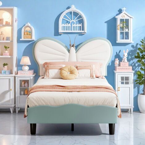 Gepolstertes Bett 90 x 200 cm, mit Schmetterlings-LED-Kopfteil, verstellbarem Kopfteil, für Mädchen oder Jungen, Samt, Blau
