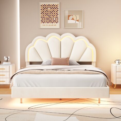 TANANT Gepolstertes Doppelbett 140 x 200 cm, gepolsterter Schwebebettrahmen mit LED-Beleuchtung und Designer-Kopfteil, Lattenrost, Jugendbett in Samt, Beige