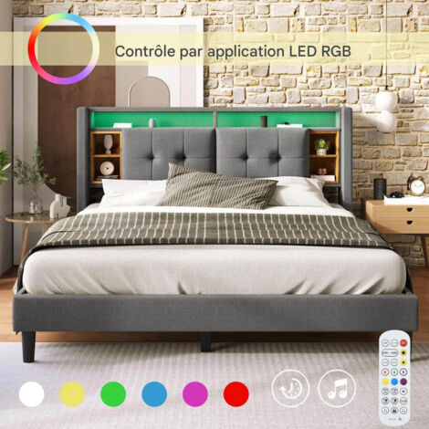 Gepolstertes Doppelbett 160 x 200 cm - Bettkasten mit USB-Ladefunktion, LED-Beleuchtung, Holzlattenrost - grau (ohne Matratze)