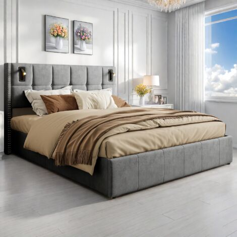 Gepolstertes Doppelbett, 160 x 200 cm, mit Leselampe und USB-Ladeanschluss, Lattenrost und Stauraum, grau