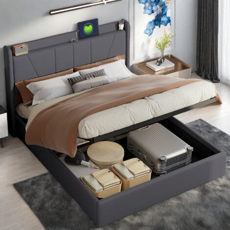Gepolstertes Doppelbett 160 x 200 cm mit Stauraum, Kopfteil, Bettgestell mit USB-/USB-C-Anschlüssen, Lattenrost, Grau