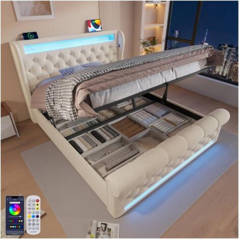 Gepolstertes Doppelbett mit LED 160 x 200 cm, Bettkasten mit hydraulischem Hebemechanismus, USB- und Type-C-Anschlüssen, Velours + Beige