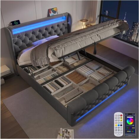 Gepolstertes Doppelbett mit LED 160 x 200 cm, Bettkasten mit hydraulischem Hebemechanismus, USB- und Type-C-Anschlüssen, Velours + Grau