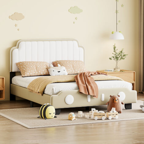 OKWISH Gepolstertes Kinderbett 140 x 200 cm im zweifarbigen PU-Leder-Design für Jungen und Mädchen, Jugendbett, Doppelbett mit grauem Lattenrost (Matratze nicht im Lieferumfang enthalten)