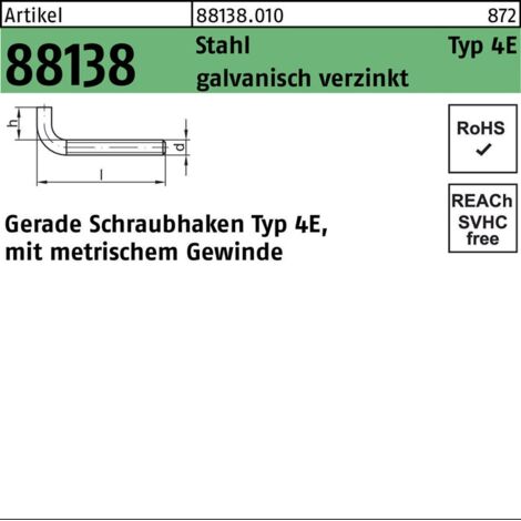 Gerader Schraubhaken M6x14 Stahl galvanisch verzinkt 100 Stk