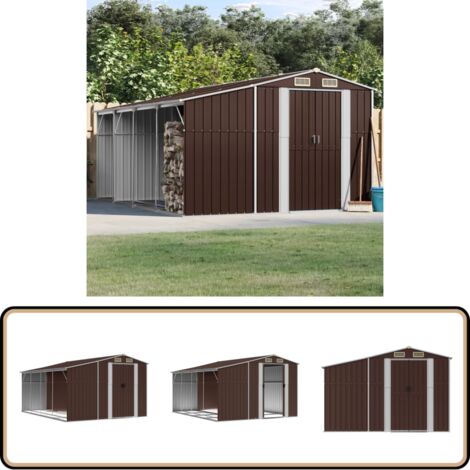 Gerätehaus Braun 277x365,5x179 cm Verzinkter Stahl - Geräteschuppen - Gartenhaus - Werkzeuglager - Outdoor-Lagerraum - Braunes Gartenhaus