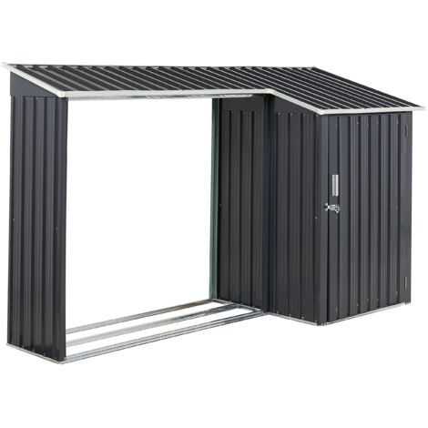 Gerätehaus Grau Metall Stahl-Trapezblech 270 cm mit Holzlager Tür Pultdach Geräteschuppen Modern Garten Terrasse Outdoor Außenbereich