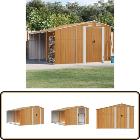 Gerätehaus Hellbraun 277x365,5x179 cm Verzinkter Stahl - Geräteschuppen - Gartenhaus - Werkzeuglager - Outdoor-Lagerraum - Holzhäuser