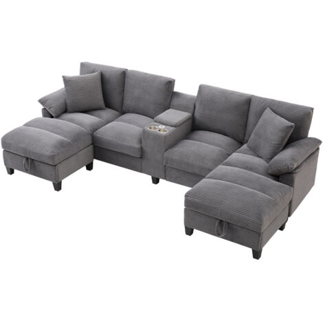 Geräumiges 4-Sitzer-Sofa in U-Form mit Stauraum, übergroßem Cordstoff und Kissen, Getränkehaltern aus Edelstahl und zwei USB-Anschlüssen, geeignet für Wohnzimmer, Schlafzimmer und Wohnungen