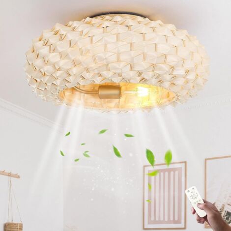 Geräuschlose Deckenventilatoren mit Licht und Fernbedienung, E27 Retro-Deckenventilator-Pendelleuchte, Deckenleuchte aus geflochtenem Bambus und Naturrattan für Wohnzimmer, Schlafzimmer, Esszimmer