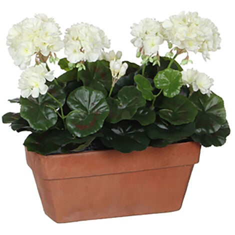 GERANIO PVC BLANCO EN JARDINERA PARA BALCON 29X13X40CM. PLANTAS ARTIFICIALES PARA ADORNO EN CASA, OFICINA, JARDIN, ETC.