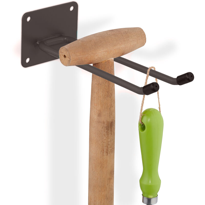 Relaxdays - 2x Gerätehalter Wand, Doppelhaken, Wandhaken Garage, Werkstatt & Keller, Besenhalter Stahl, 24 Cm, Gerätehaken, Braun