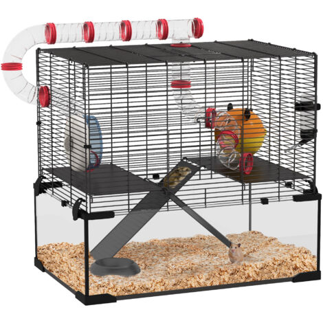 Gerbil Cage Dwarf Hamster Cage, with Deep Glass Bottom, Tunnels, Hut, Exercise Wheel, 60 x 40 x 57cm