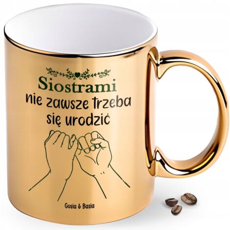 Geschenk für die Schwester: Goldene Tasse mit Aufdruck + Name des Feiertags