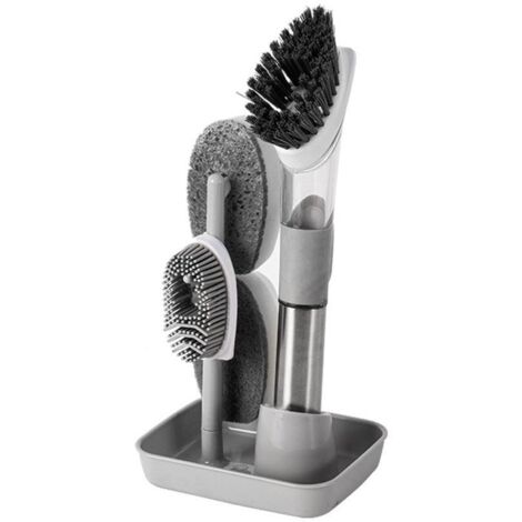 Geschirrspülbürste mit Seifenspender, manuelle Geschirrspülbürste aus lebensmittelechtem Edelstahl mit 4 Ersatzköpfen (für Pfannen, Töpfe und Oberflächen)