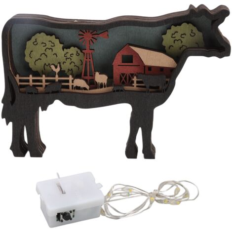 Geschnitzte Tierfigur aus Holz – LED-beleuchtete Kuh mit mehreren Ebenen für Bastelarbeiten und Dekoration
