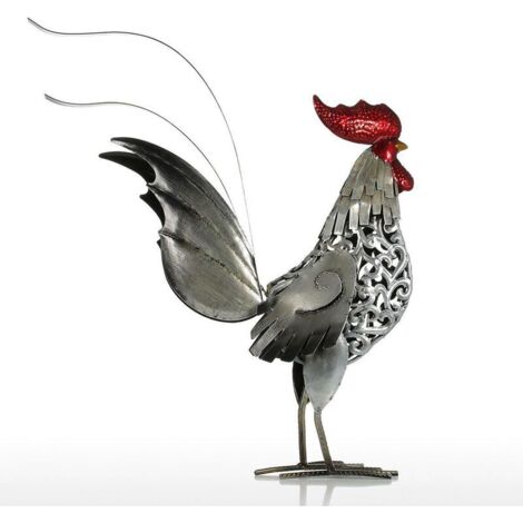 Geschnitzter Hahn aus Eisen, Metallskulptur, Heimdekoration, Tierhandwerk, Eisenkunst (Silber und Rot)