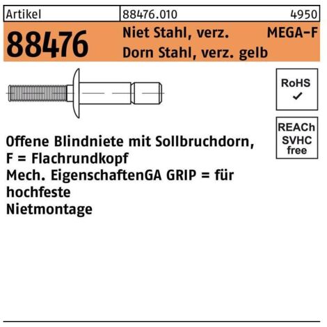 Gesipa Mega Grip Blindniete Stahl verzinkt FLAKO 4,8 x 10,5 S 500 Stk