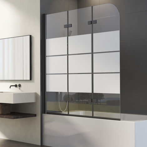 Gestreift Duschwand für Badewanne 120x140cm 3-teilig faltbar Duschtrennwand für Badewanne Duschabtrennung Badewanne mit Milchglas, Badewannenaufsatz 6mm ESG Sicherheitsglas