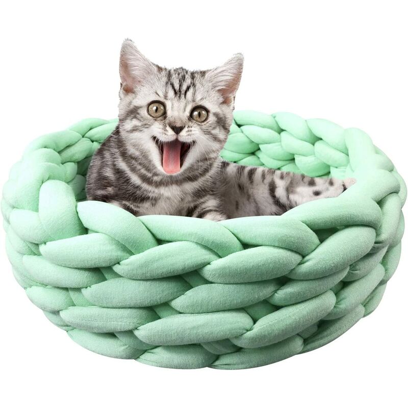 Gestrickter Haustierbettkorb aus Baumwolle, warm gestricktes Katzennest, bequemer Hund und Katze Hugger (11,8 Zoll, mintgrün)
