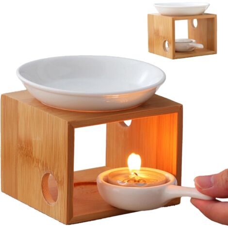 Geurlamp met etherische oliën, theelichtje, keramische en bamboe diffuser, aromatherapie voor decoratie, yoga, slaapkamer (hout)