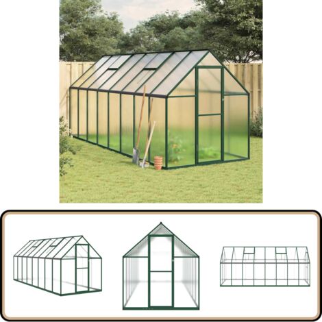 Gewächshaus mit Fundamentrahmen Grün 445x169x195 cm Aluminimum - Gehäuse - Gewächshaus - Gartenhaus - Alu-Gewächshaus - Polycarbonatgewäschshaus