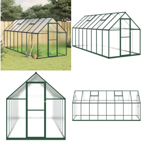 Gewächshaus mit Fundamentrahmen Grün 445x169x195 cm Aluminimum - Gehäuse - Gewächshaus - Gartenhaus - Alu-Gewächshaus - Polycarbonatgewäschshaus - Home & Living