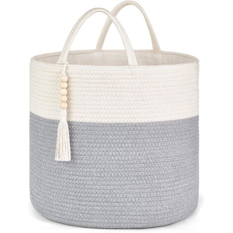 Gewebter Aufbewahrungskorb, grau und weiß, 1 Stück, 38 x 38 x 45 cm, verziert mit Naturseil, für Wohnzimmer und Inneneinrichtung.