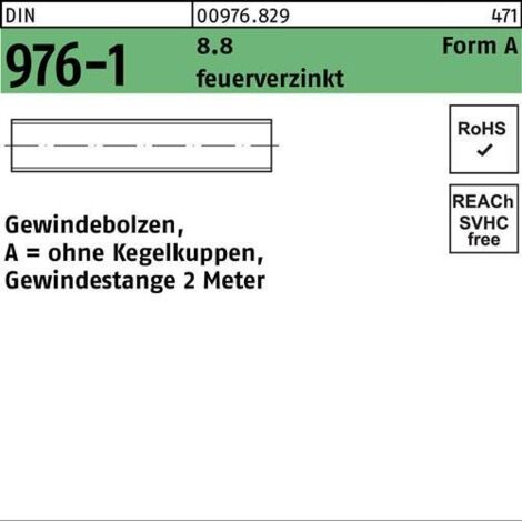Gewindebolzen DIN 976 o.Kegelkuppen AM 30x 2000 8.8 feuerverz. 1 Stück