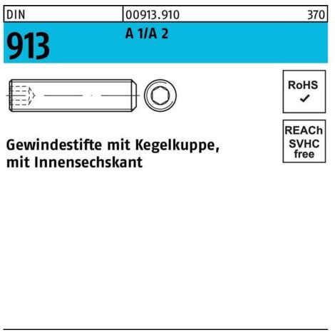 Gewindestift DIN 913 Kegelkuppe/Innen-6kt M12x 12 A 1/A 2 50 Stück