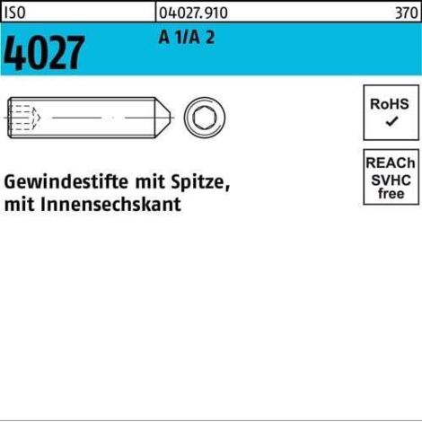 Gewindestift ISO 4027 Spitze/Innen-6kt M10x 12 A 2 100 Stück