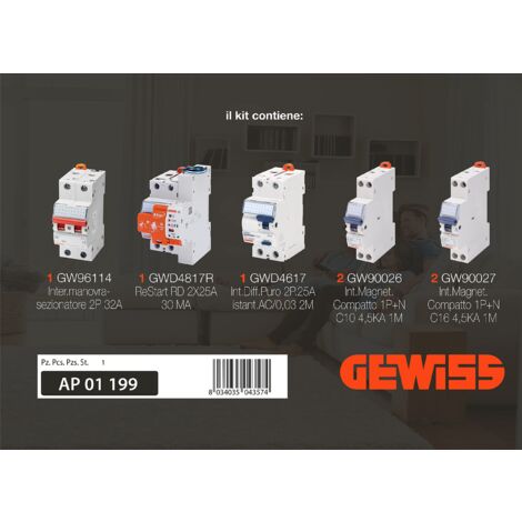 Gewiss Kit perCentralino elettrico completo a normativa 64/8 con interruttore differenziale puro a Riarmo automatico serie GW Power