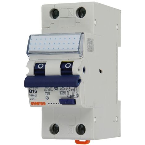 Gewiss KOMPACT FEHLERSTROM-LEITUNGSSCHUTZSCHALTER - MDC 60 - 1P+N CHARAKTERISTIK B 16A TYP A Idn=0,03A - 2 TE, GW95107