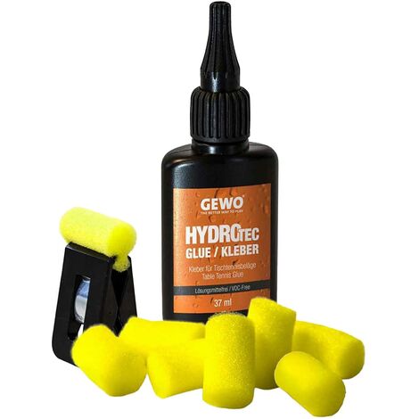 GEWO HydroTec - Colla per ping-pong a base d'acqua, approvata ITTF per racchette da ping pong, colla senza solventi per tutti i rivestimenti TT, con morsetto e spugne applicatore, 37 ml