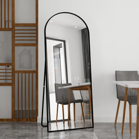 Gewölbter Ganzkörperspiegel 80 x 180 cm, mit verstellbarem Ständer, einfacher Standspiegel, schwarzer Aluminiumrahmen, zum Aufhängen, Stehen oder Anlehnen, für die Dekoration von Wänden, Wohnzimmern u